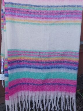 NWT Free People Throw Blanket Ivory W/ Pink, Teal & Purple Stripes
